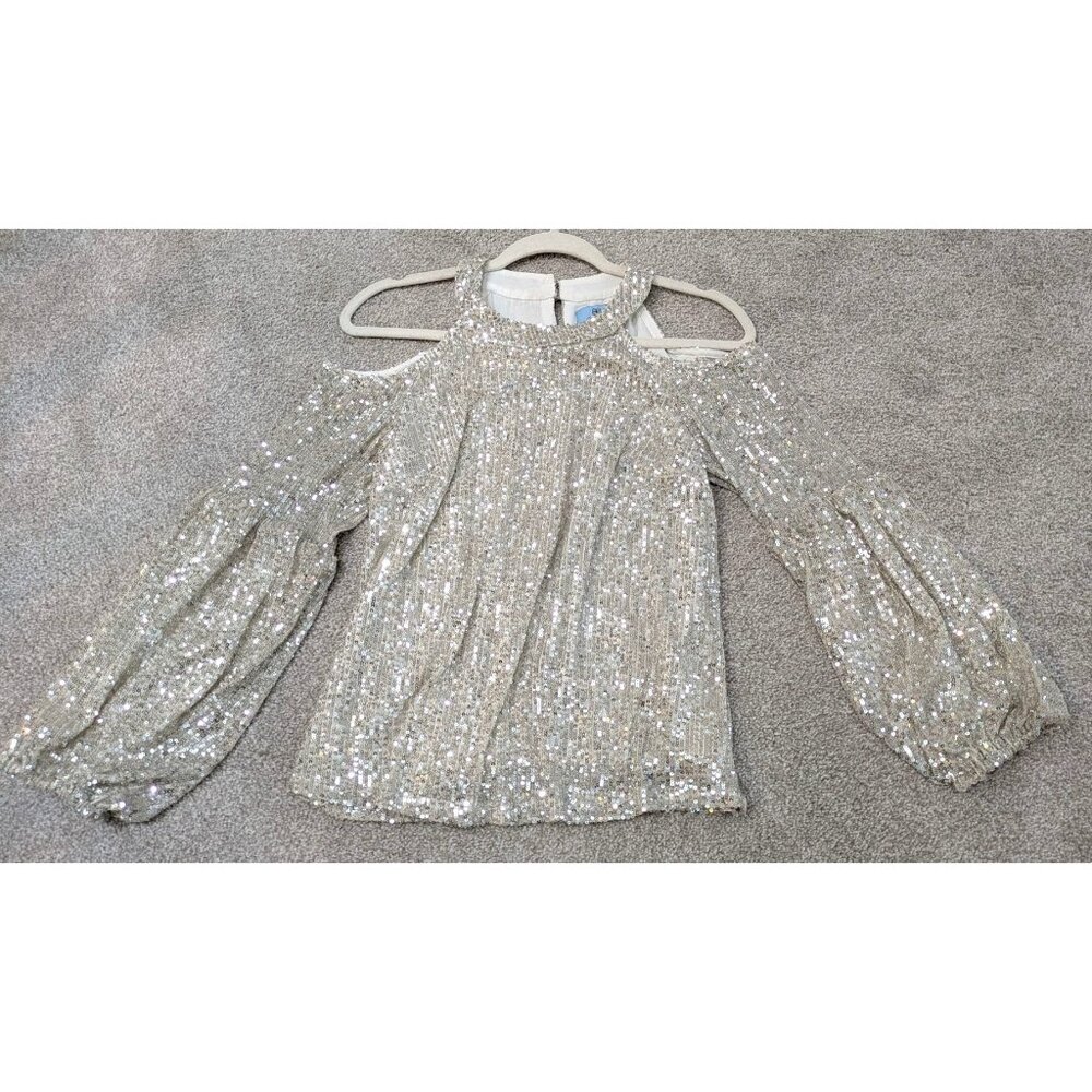 CeCe Womens Silver Sequin Cold-Shoulder Blouse Small‎ Long Sleeve NYE Showgirl